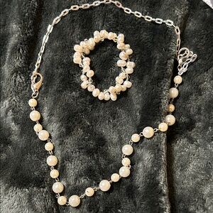 Pearl Bead Necklace and Bracelet Set - Cream Pearlescent Finish